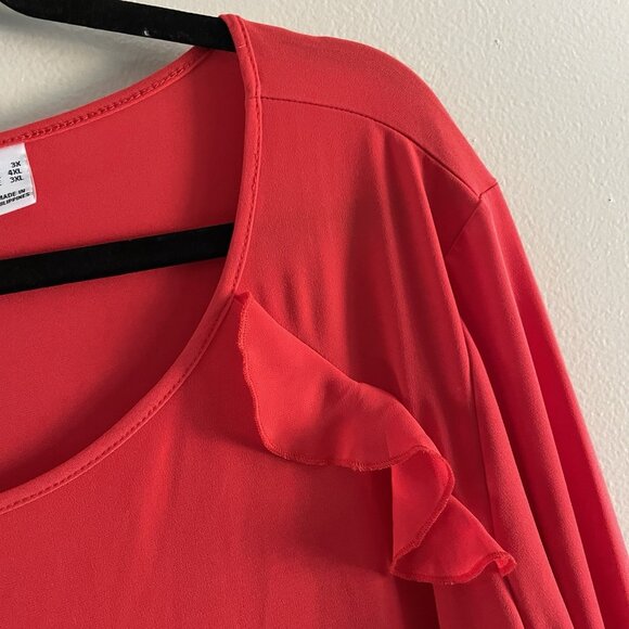 Susan Graver Women 3X Red Liquid Knit Tunic Top With Sheer Chiffon Bell Sleeves - Picture 6 of 11